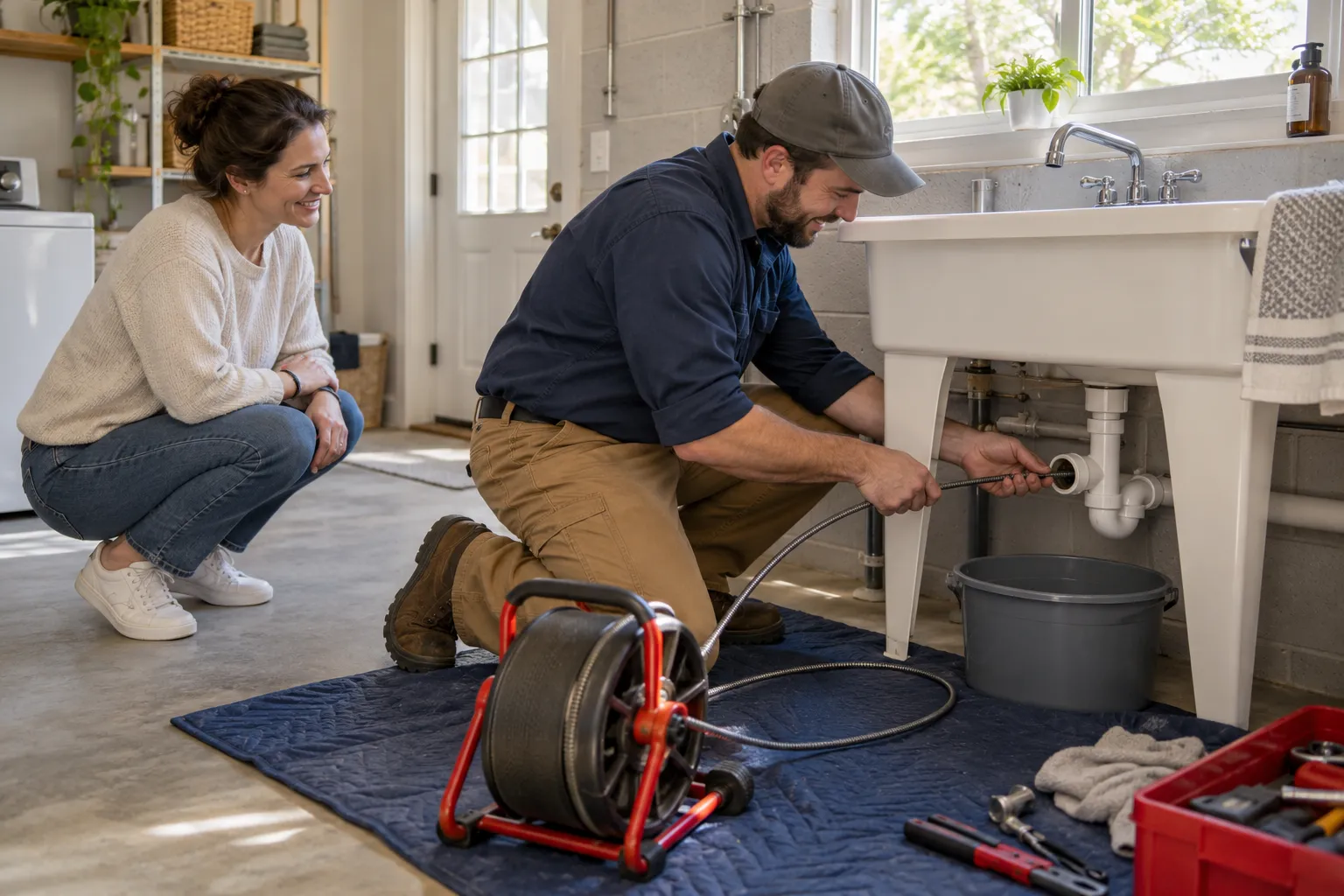 A local provider using a drain machine to clear a kitchen drain in a Deltona home