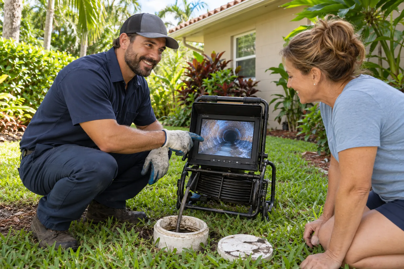 Friendly plumber and homeowner reviewing sewer camera footage near a Deltona home
